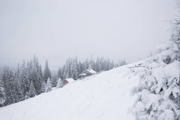 Hermoso paisaje de montaña de invierno. Cabaña en las montañas en w
 - Foto, Imagen