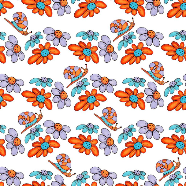 Cute hand drawn marker doodle seamless pattern with funny snails and flowers. - Foto, afbeelding
