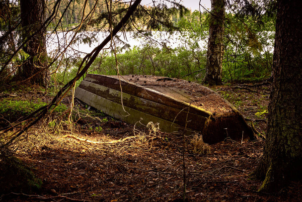 An old wooden boat lies up and down in the forest with a lake in the background - Fotó, kép