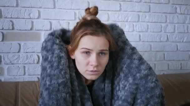 Covered with grey plaid young caucasian woman freezing feeling cold at home, ill sick girl having fever flu influenza temperature symptoms wrapped in blanket shivering indoors.  - Footage, Video