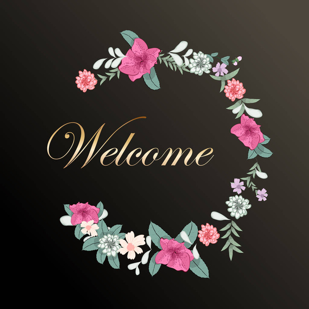 Zarter Blumenkranz auf dunklem Hintergrund mit dem Wort Willkommen. Vektorillustration. kann als Einladung zu einer Hochzeit oder anderen Feier verwendet werden. - Vektor, Bild