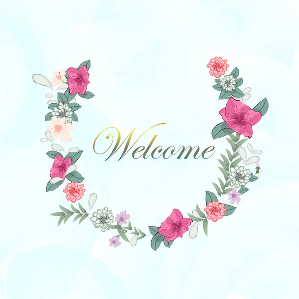 Delicate bloemenkrans op een lichte achtergrond met de woorden Welkom. Vector illustratie. Kan gebruikt worden als uitnodiging voor een bruiloft of andere viering. - Vector, afbeelding