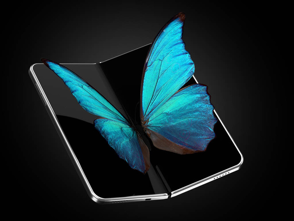 Concept of two foldable smartphone folded and placed next to each other with butterfly image on screens. Flexible smartphone isolated on black background. 3D rendering - Φωτογραφία, εικόνα