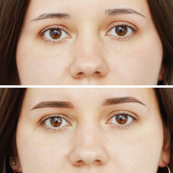 Photo comparison before and after permanent makeup, tattooing of eyebrows - 写真・画像