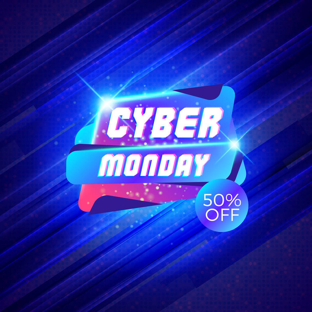 Cyber Monday venda adesivo. Banner de desconto. Oferta especial venda tag no fundo azul escuro. Ilustração vetorial
 - Vetor, Imagem
