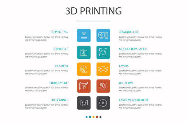 3d printing Infographic 10 option concept. 3d printer, filament, prototyping, model preparation simple icons - Vector, Image