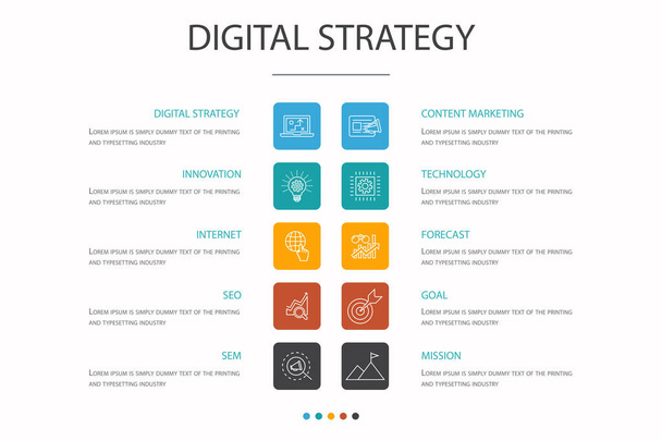 digitale strategie Infographic 10 optie concept. internet, Seo, content marketing, missie eenvoudige iconen - Vector, afbeelding