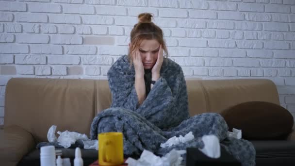 Attractive ill caucasian girl wearing grey blanket sitting on sofa in living room. Portrait of likable sick young woman. Dreadful migraine. Flu sick adult cold illness person sickness virus allergy. - Footage, Video