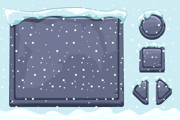 Hóval borított kő eszközök és gombok Ui Game. Téli játék ui kövek gombok hó. - Vektor, kép