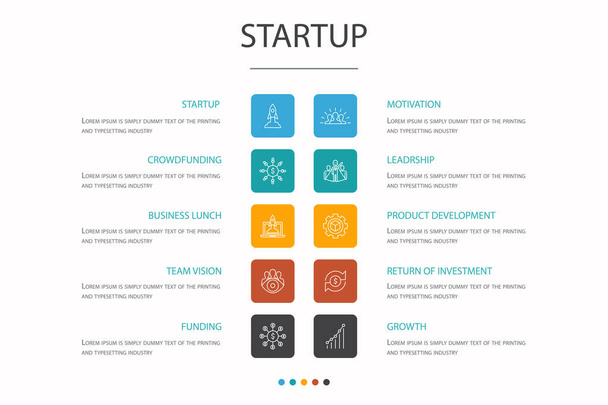 Avvio Infografica 10 concetto di opzione. Crowdfunding, Business Launch, Motivazione, Sviluppo prodotti icone semplici
 - Vettoriali, immagini