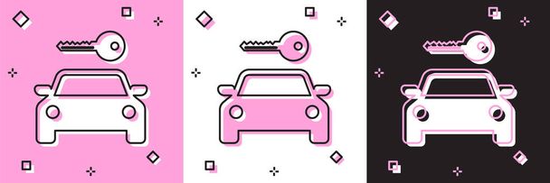 Ορισμός εικονίδιο ενοικίασης αυτοκινήτου απομονώνονται σε ροζ και άσπρο, μαύρο φόντο. Νοίκιασε μια πινακίδα αυτοκινήτου. Κλειδί με αυτοκίνητο. Αντίληψη για επισκευή αυτοκινήτων, κατάστημα ανταλλακτικών. Εικονογράφηση διανύσματος - Διάνυσμα, εικόνα