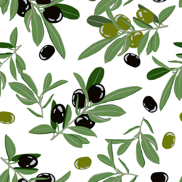 Pattern of olive branches with green and black berries - Vektör, Görsel