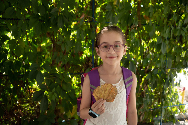 Μαθήτρια με βιολετί σακίδιο και μωβ γυαλιά. Κορίτσι με λευκό φόρεμα, φοράει γυαλιά το φθινόπωρο. - Φωτογραφία, εικόνα