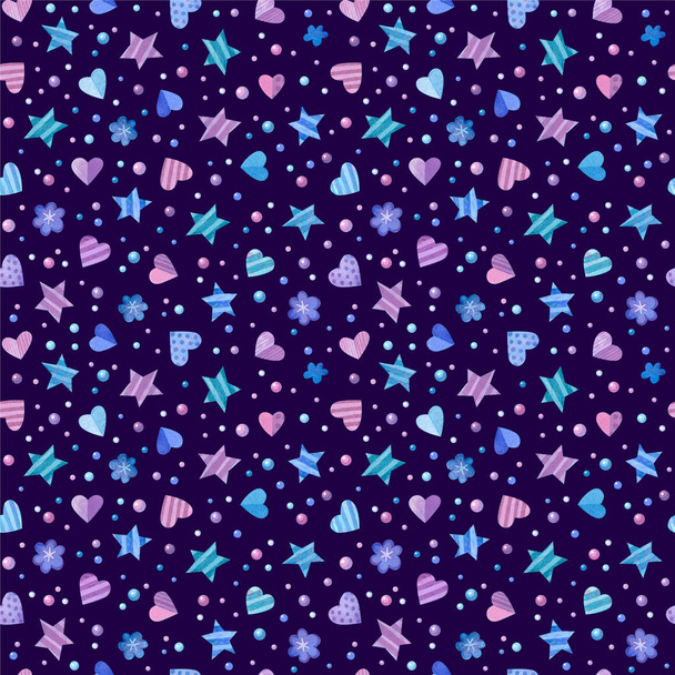 Harten, sterren en bloemen hand getekend naadloos patroon. Girlish decoraties kleur tekening. Zoete items op blauwe textuur. Romantisch behang, inpakpapier, textiel design - Foto, afbeelding