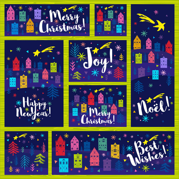Hyvää uutta vuotta, hyvää joulua, Noel-kokoelma. Joulukuusi värikkäitä taloja, lumihiutaleet tähteä bannerit suunnittelu, kuvio, kansi, kortteja asetettu
. - Vektori, kuva