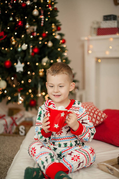 Un bambino in pigiama di Natale siede vicino a un albero di Natale e tiene una tazza di cacao con i marshmallow. Natale. Anno nuovo
. - Foto, immagini