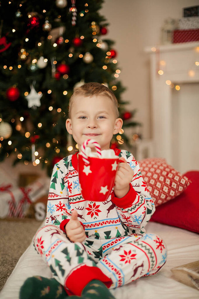 A little boy in Christmas pajamas sits near a Christmas tree and holds a mug of cocoa with marshmallows. Christmas. New Year. - Foto, afbeelding