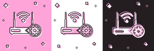 Set Router y señal wi-fi e icono de engranaje aislado sobre fondo rosa y blanco, negro. Ajustar la aplicación, concepto de servicio, opciones de configuración, mantenimiento, reparación, fijación. Ilustración vectorial
 - Vector, imagen