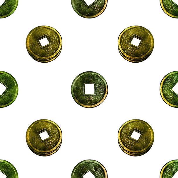 Seamless pattern with Chinese coins Isolated On White  - 写真・画像
