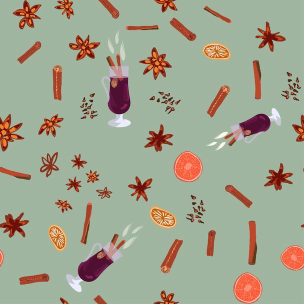 Hot drink mulled wine and spices seamless pattern on green backg - Vector, Image