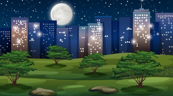 Cityscape at night with park in foreground - Vector, Image