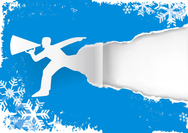 Человек с мегафоном на бумажном фоне в стиле гранж со снежинками. Иллюстрация подходит для оригинального зимнего флаера или баннера. Место для текста или изображения. Вектор доступен
. - Вектор,изображение