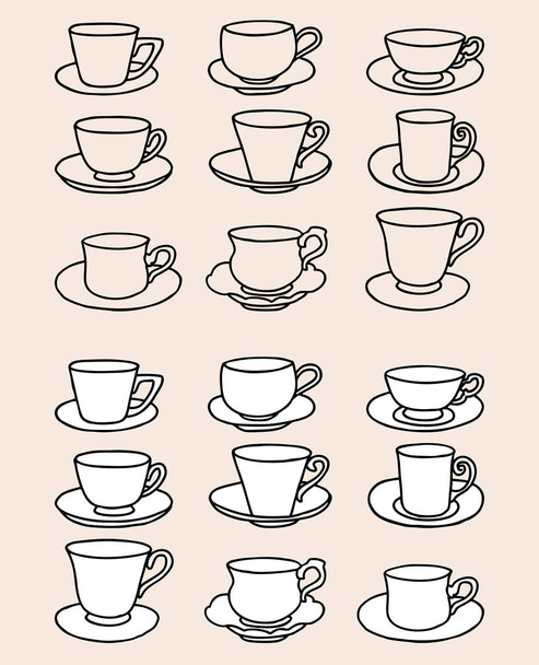 Wektorowy obraz zestawu różnych konturów filiżanek herbaty ze spodkami - Wektor, obraz
