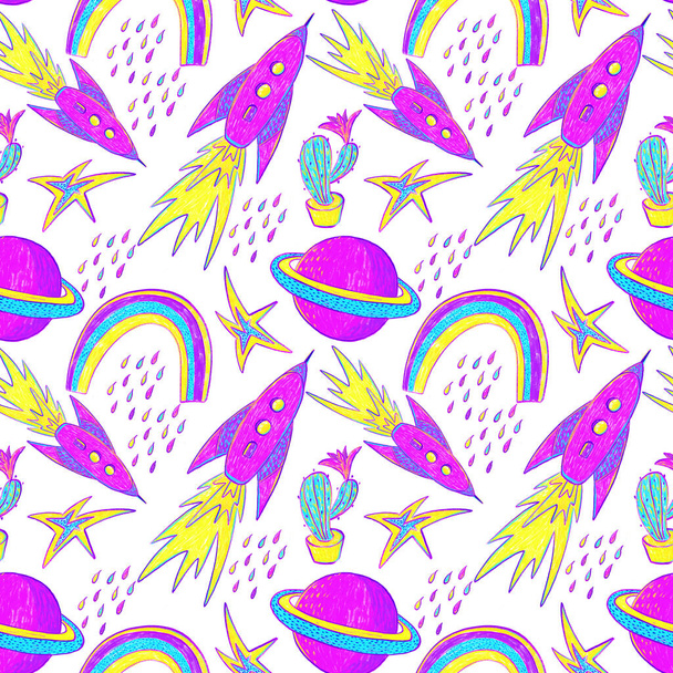 nahtloses Muster auf dem Jungen-Wunder-Thema mit Regenbogen, Planeten, Raketen, Regentropfen, Sternen und Kakteen - Foto, Bild