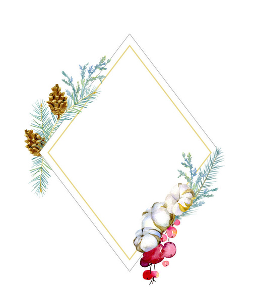 Акварель Різдвяна рамка ромб з зеленою ялиною та різними атрибутами Різдва та Нового року
. - Фото, зображення