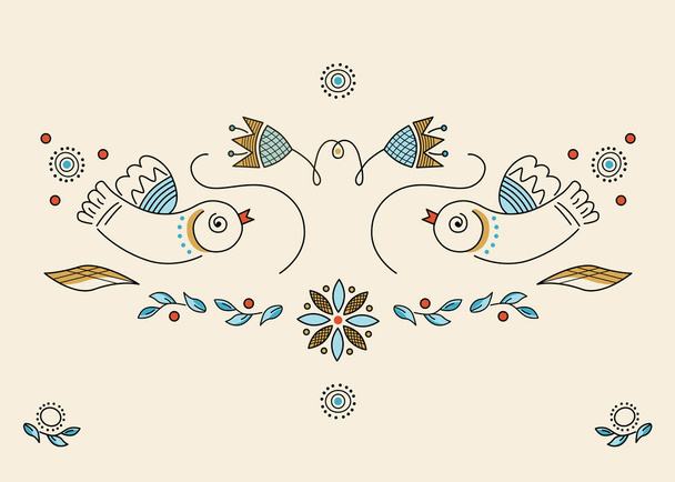 Vector ornamental illustration, color drawings of birds, flowers, line art. Embroidery, in folkstyle, ornament pattern on beige background. - Vector, Image