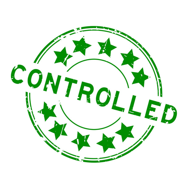 Verde grunge controlado con sello de goma redonda icono estrella sobre fondo blanco
 - Vector, Imagen