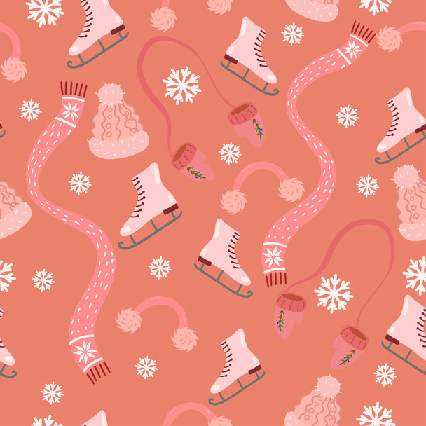 Seamless pattern with ice skates and pink winter clothes. Vector graphics. - Vector, Image