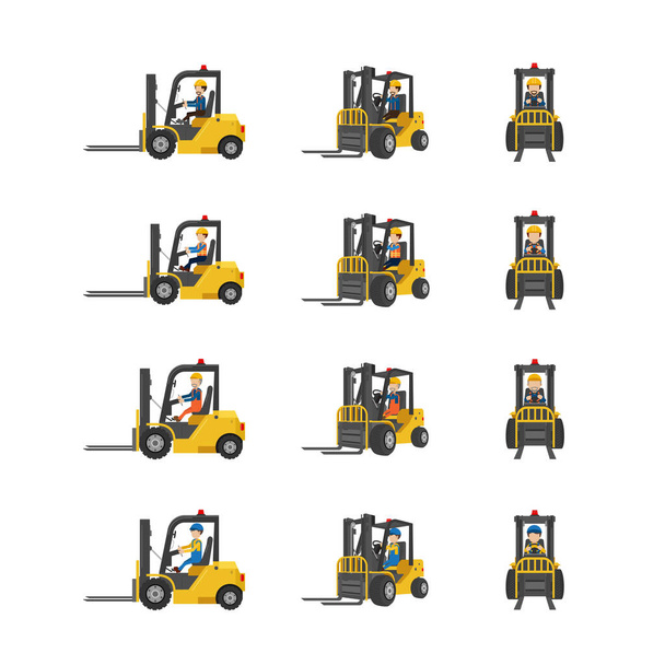 Set of forklift trucks with workers drive in three angles vector illustration - Vector, Image