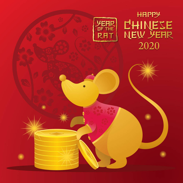Kínai újév 2020 Év a patkány, Arany rajzfilm karakter - Vektor, kép