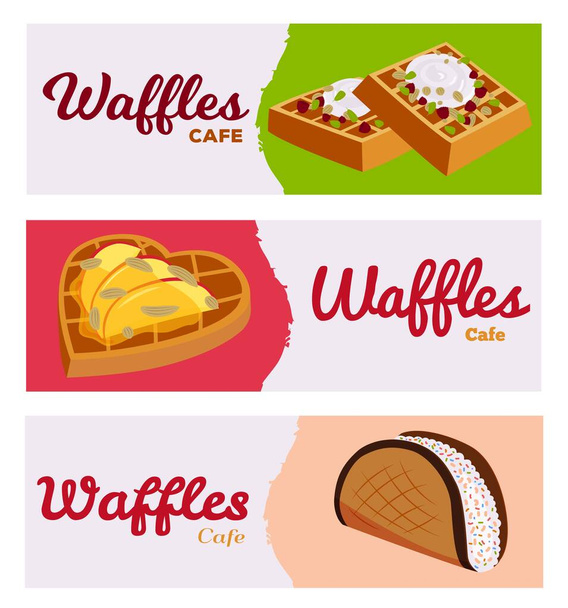 Conjunto de banners waffles café padaria vetor ilustração pano de fundo. Diferentes bolachas de enchimento saborosas doces assadas com frutas, bagas e creme
. - Vetor, Imagem
