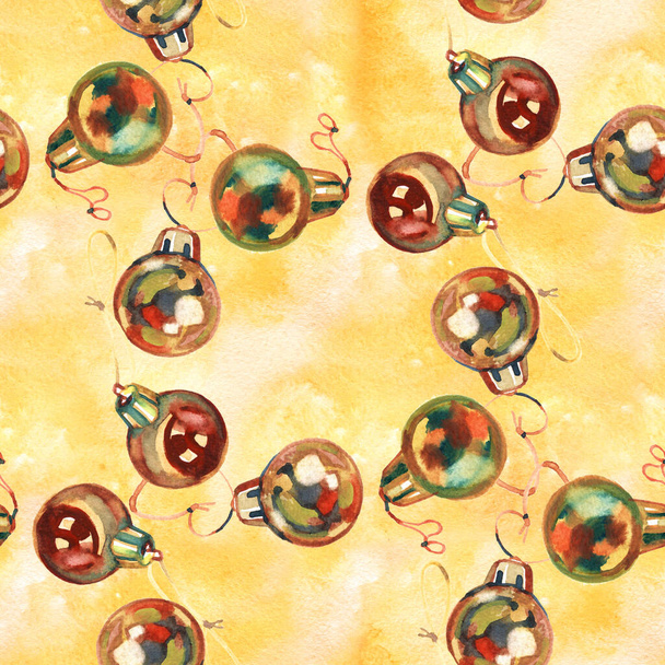 Seamless pattern of hand drawn golden Christmas balls, Christmas design - Φωτογραφία, εικόνα