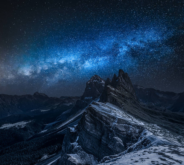 Mily way over Seceda in South Tyrol at night, Dolomites - Photo, Image