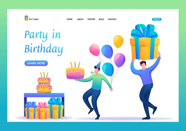 Geburtstagsfeier mit Freunden. Menschen tragen Geschenke, Kuchen und Luftballons. Anschauliche Illustration. flache 2D-Zeichen. Landing Page Konzepte und Webdesign - Vektor, Bild