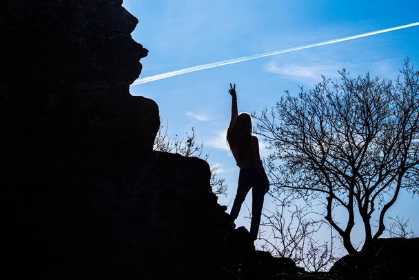 silhouet van slanke vrouw met twee vingers vrede sice en boom en berg in de achtergrond en blauwe lucht. - Foto, afbeelding