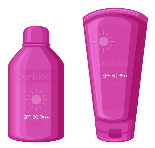 Sunscreen lotion in pink bottle and tube - Vector, Image