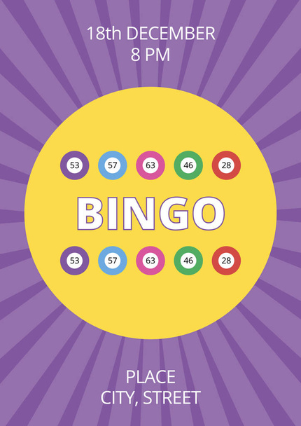 Színes szórakoztató bingó poszter lila háttérrel és golyókkal. Vektor szórólap, kártya vagy banner lottó esemény minta szöveget. A4 szabványos méretezett formátum - Vektor, kép