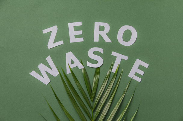 Zero waste concept. Green palm leaf and paper letters on green background - Фото, изображение