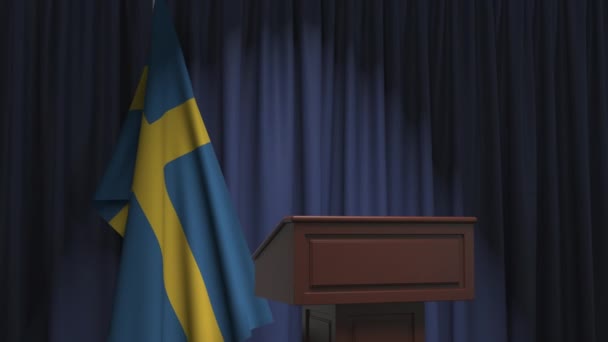 Národní vlajka Švédska a mluvčí pódia tribune. Politická událost nebo prohlášení související konceptuální 3D animace - Záběry, video