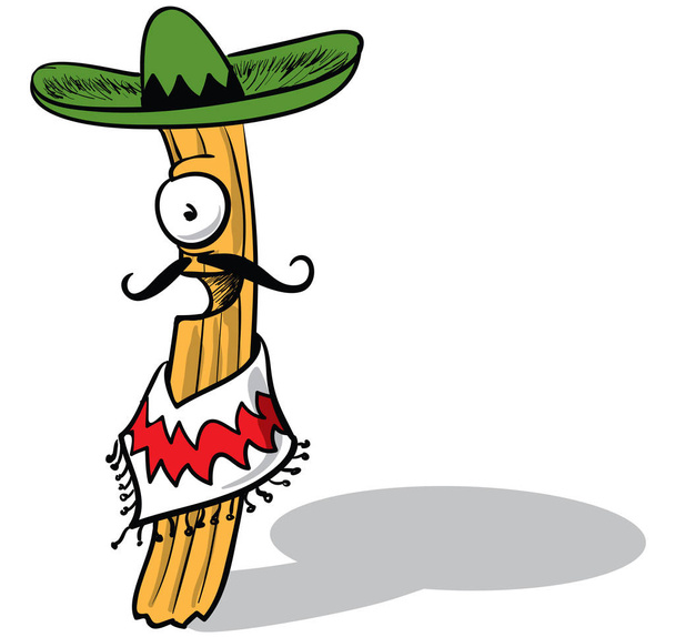 Happy food churro. Popular Mexican (originally Spanish) food churro illustrated in local Mexican clothes - Вектор, зображення