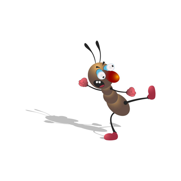 Μικρά κινούμενα σχέδια καφέ μυρμήγκι παλεύει και κλωτσιές στο στυλ της πολεμικής τέχνης. Απομονωμένο σε λευκό φόντο με σκιά. - Διάνυσμα, εικόνα