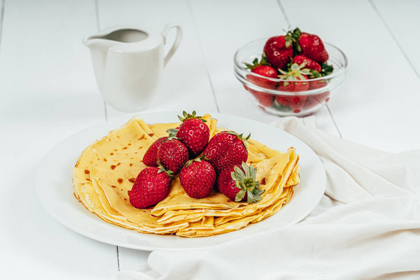 French American Pancakes With Strawberries - Photo, Image