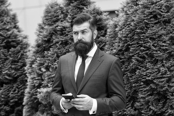 modern look of ceo. responding email. always online. have some problems. serious businessman with smartphone. agile business. confident bearded business man using modern technology. Useful nowadays - Photo, image