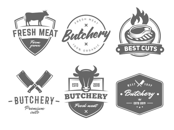 Butchery vector badges. BBQ, grill, meat, barbecue, steak logos. Retro emblems for steak house or grill bar. - Vetor, Imagem