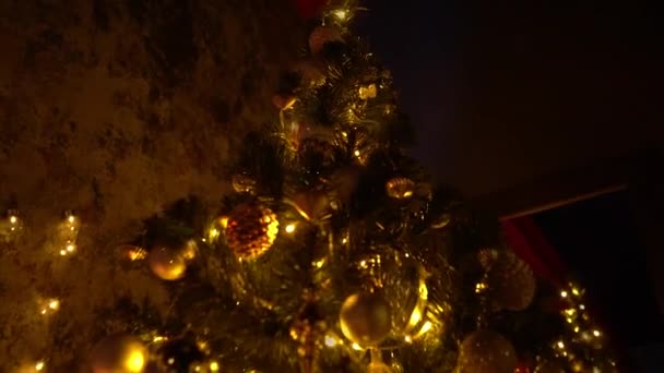 Новогодняя елка украшена огнями, на фоне рождественского интерьера
 - Кадры, видео