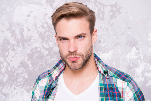 macho man grunge background. male fashion spring collection. charismatic student checkered shirt. unshaven man care his look. barbershop concept. mens sensuality portrait. sexy guy casual style - Fotografie, Obrázek